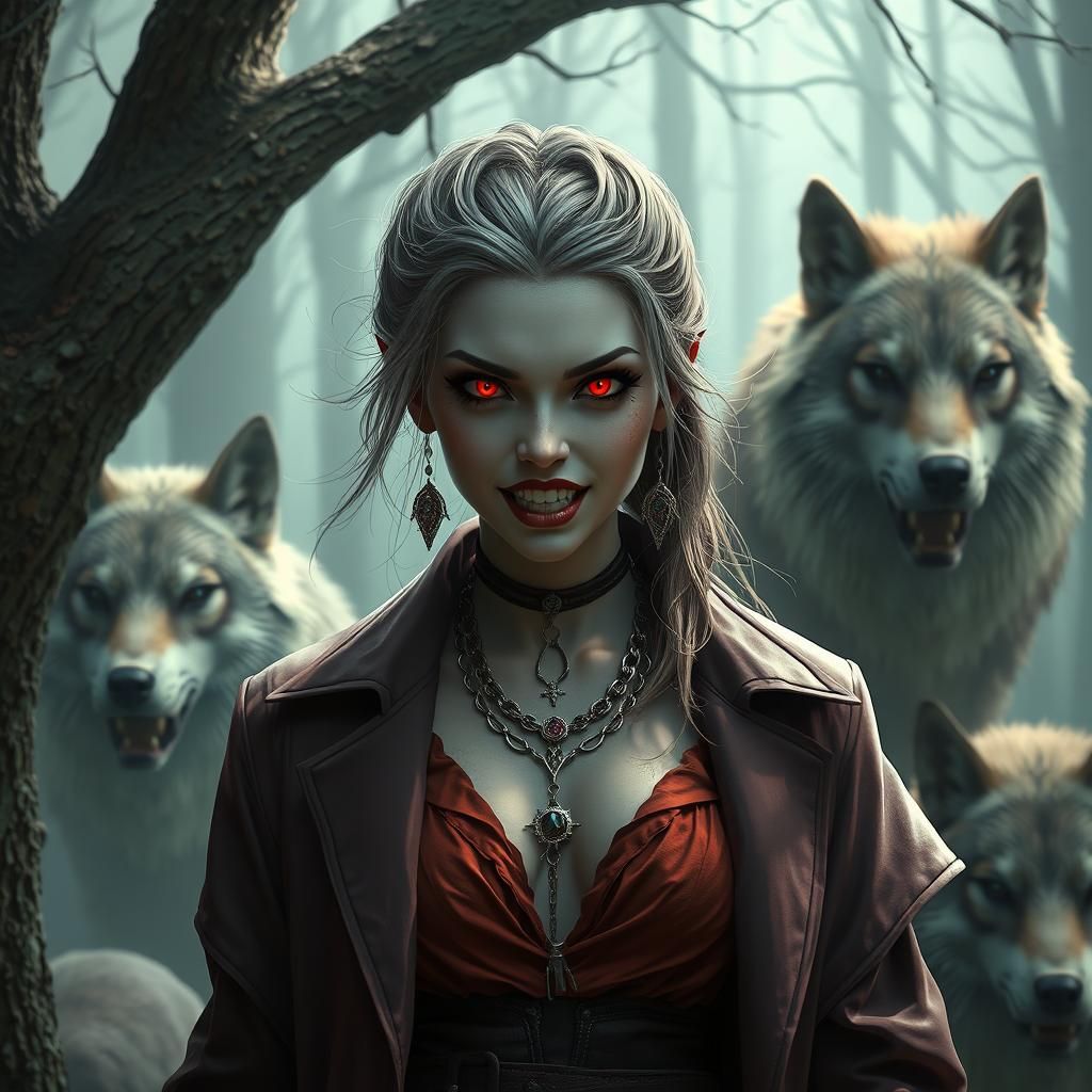 Girl Vampire with Wolves: Detailed Matte Painting