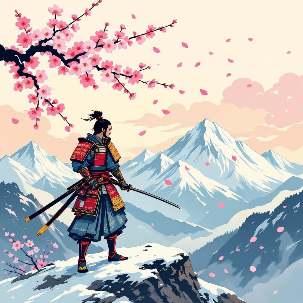 Samurai Warrior on Swiss Alps Peak in Ukiyo-e Style