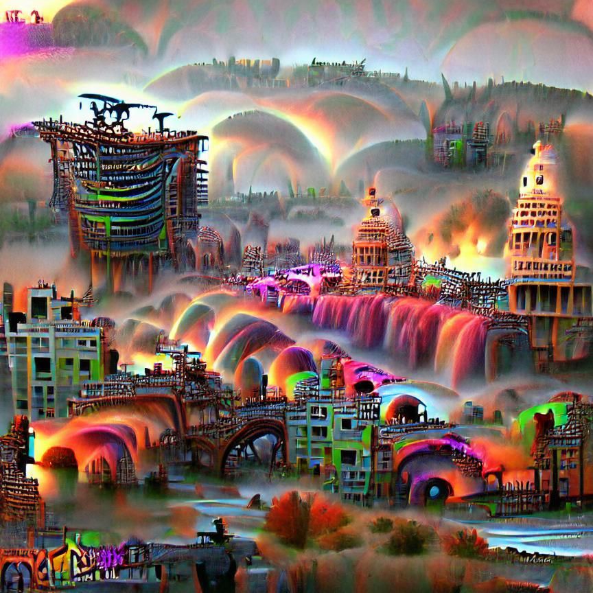 Psychedelic Steampunk City Sunset with Rainbow Waterfalls