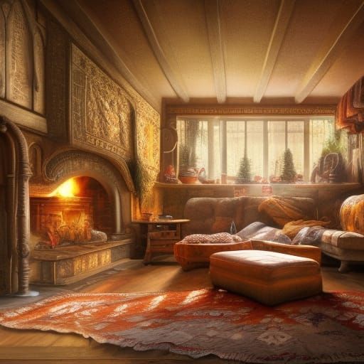 Cozy Room with Fireplace and Cat in Digital Art