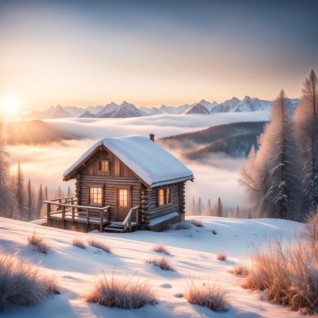 Winter Sunrise Over Lonely Cabin, Ultra-Realistic Photo