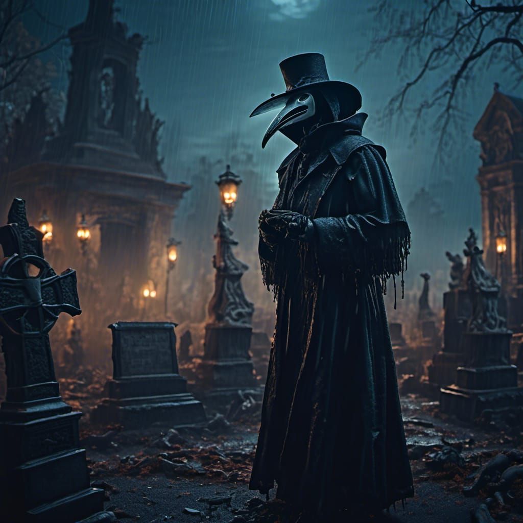 Plague Doctor Portrait in Graveyard, Hyperreal Art