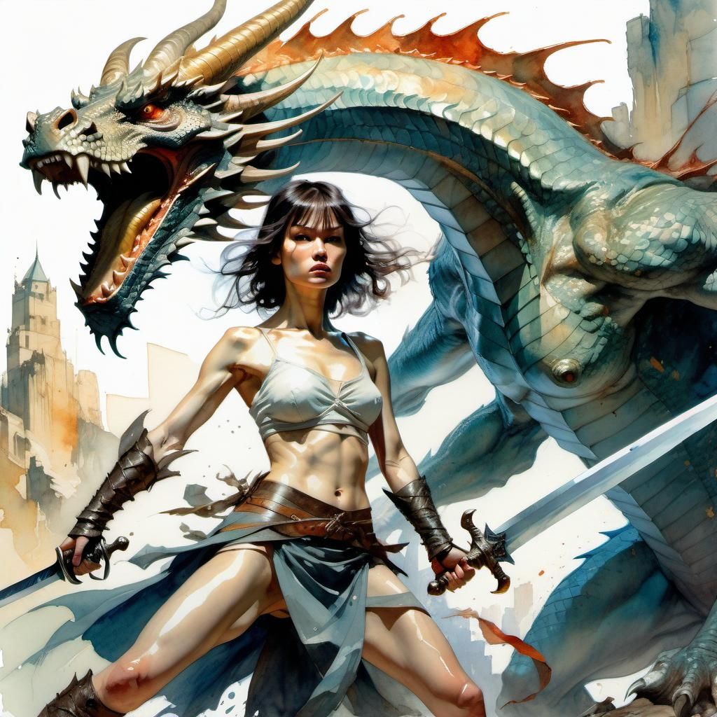 Watercolor Warrior Woman with Dragon