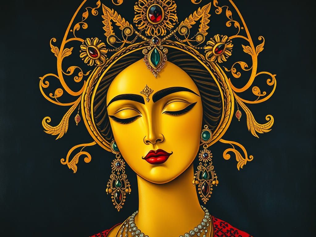 Golden Serene Deity Icon in Dark Blue