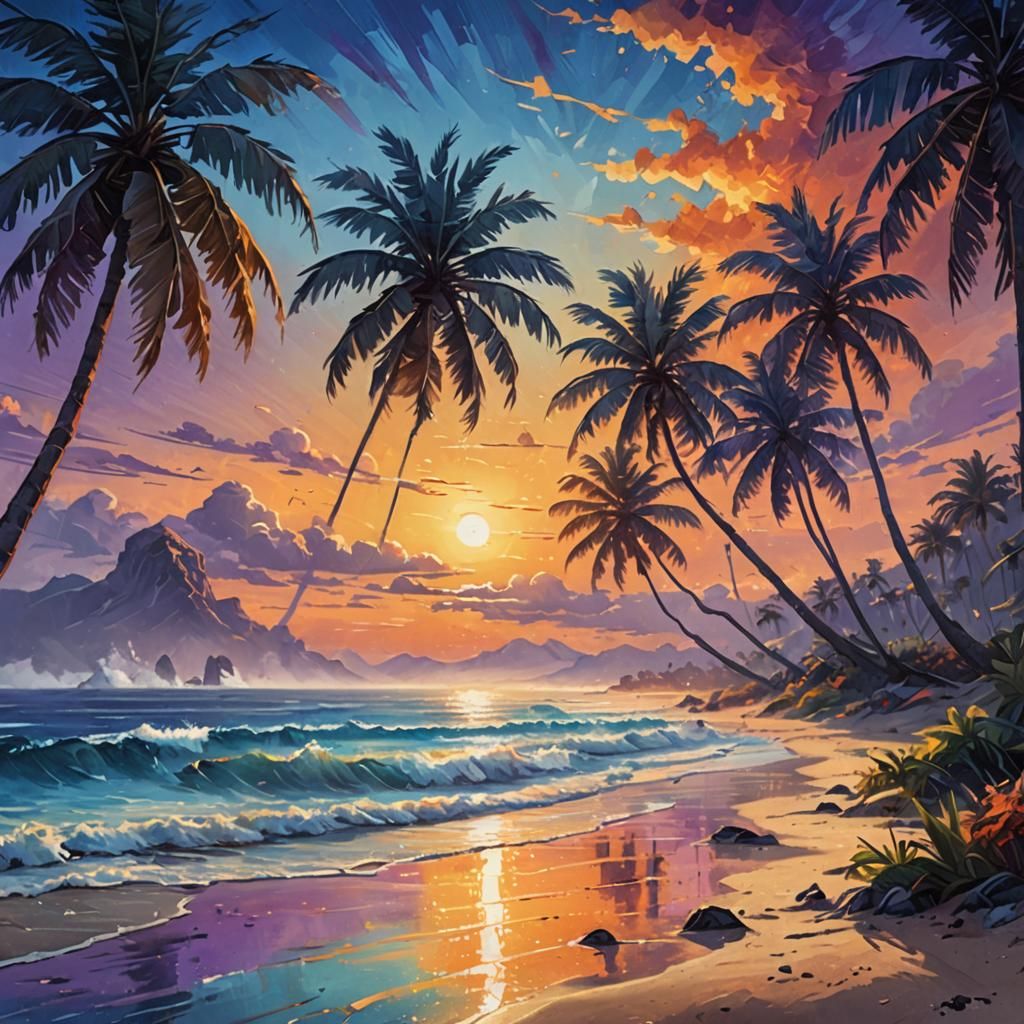 Tropical Beach Sunrise in Fantasy Realism
