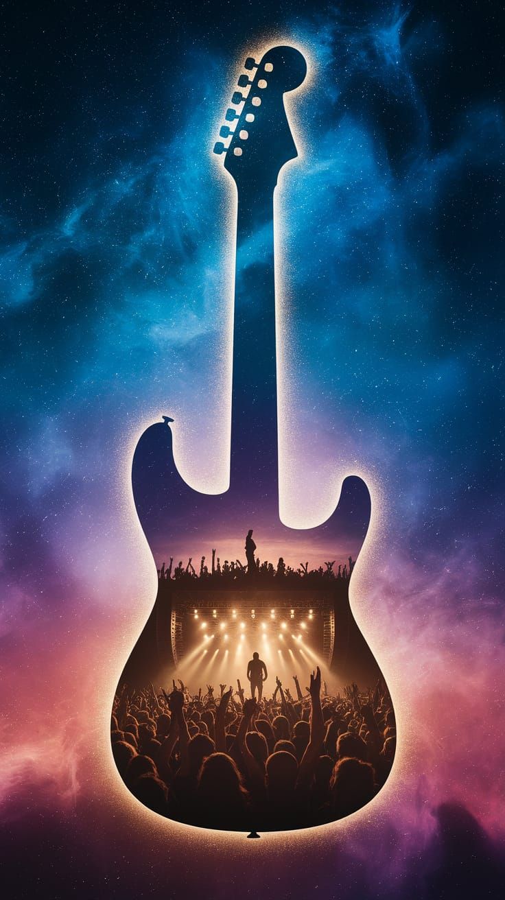 Electric Guitar Silhouette Blends into Vibrant Night Sky