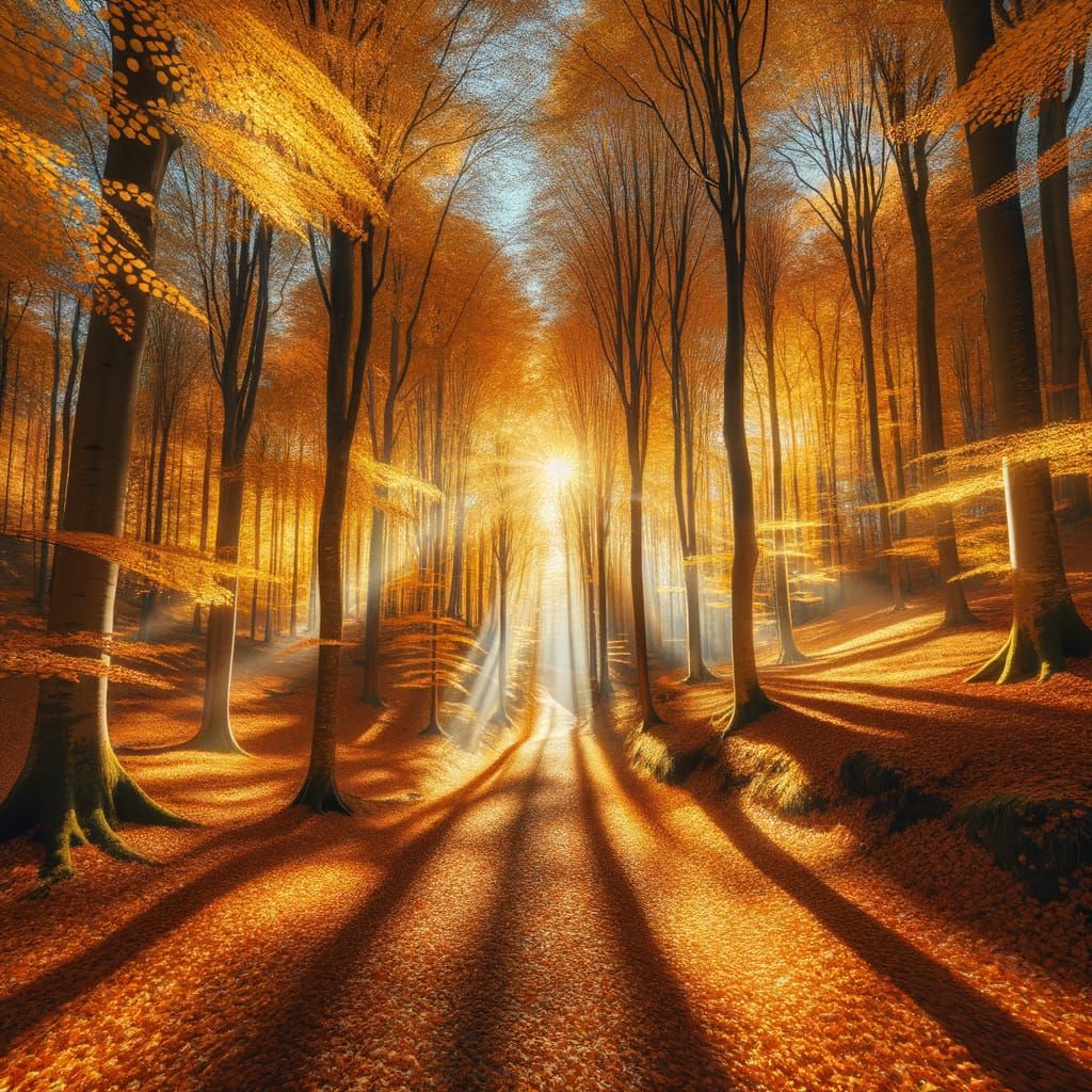 Golden Autumn Forest Path in Sunlight