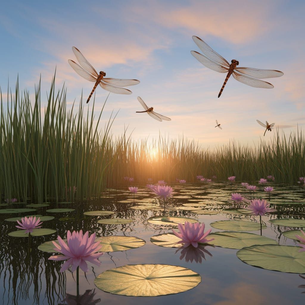 Surreal Water Scene with Dragonflies in Sunset Light