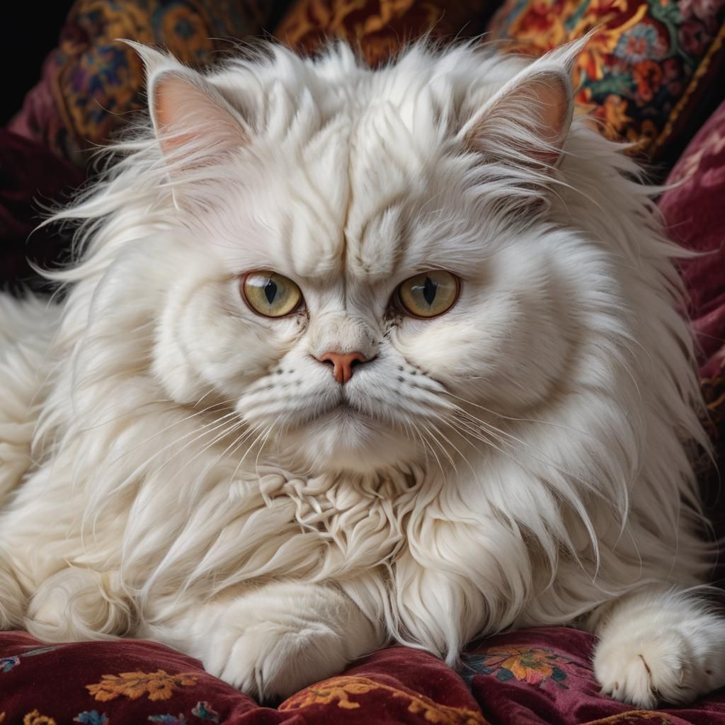 Hyperrealistic Persian Cat on Velvet Cushion