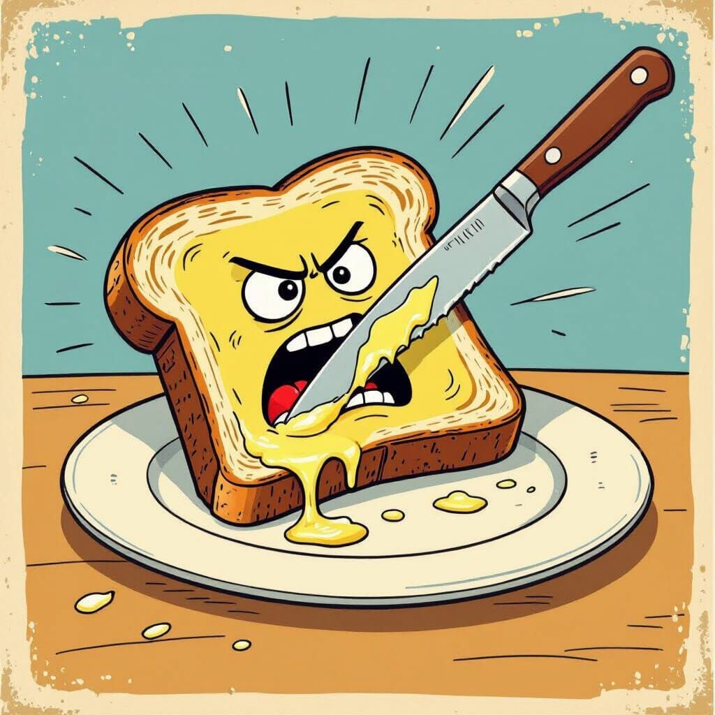 Vintage Cartoon Toast Grimaces as Hard Butter Bends Knife