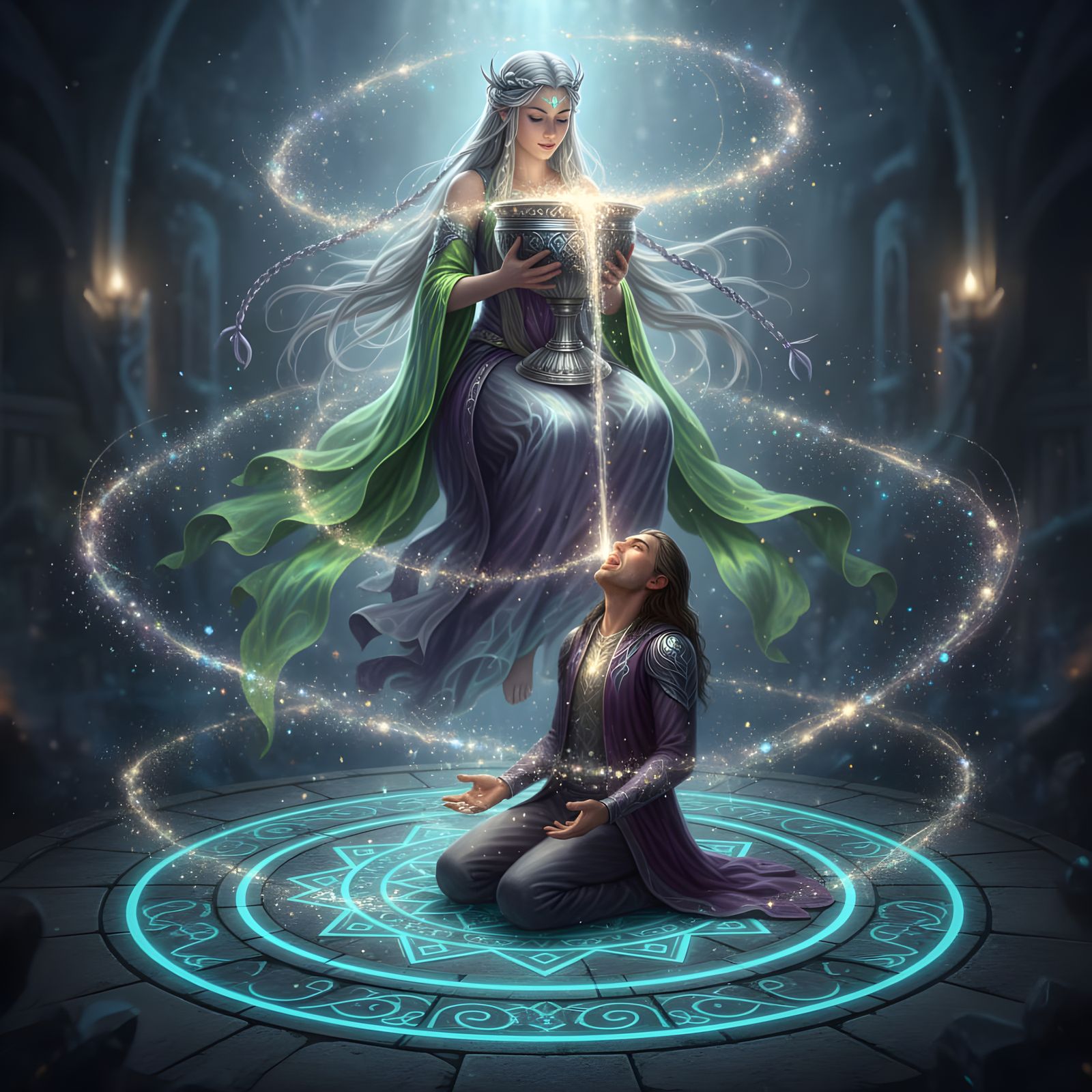 Goddess with Chalice of Stars in Divine Ritual