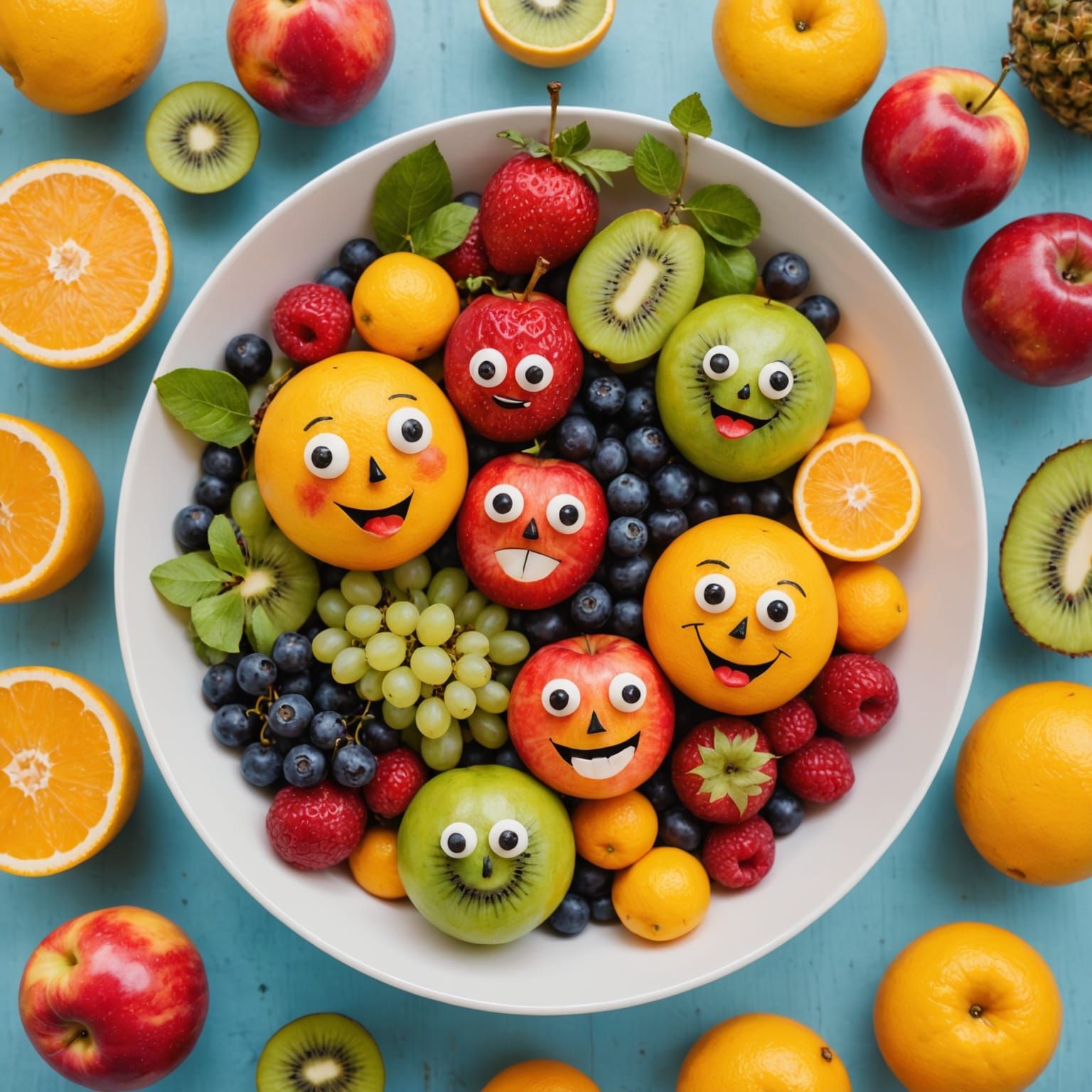 Whimsical Fruit Still Life with Exaggerated Expressions