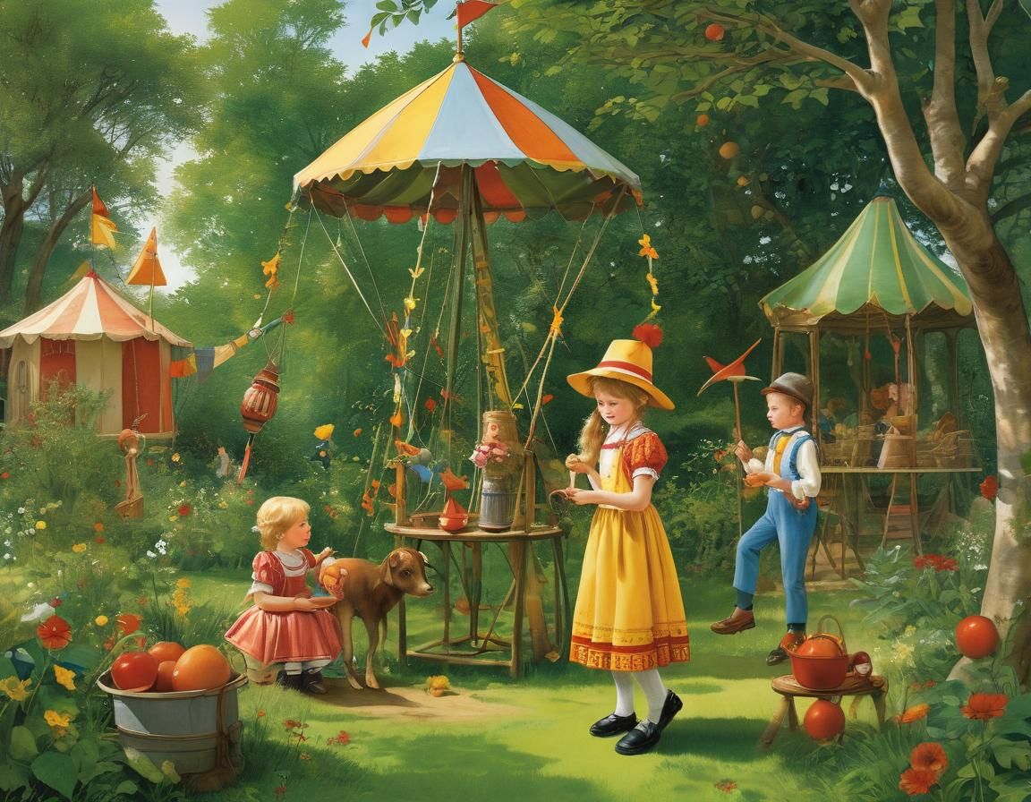 Children's Whimsical Circus in a Garden, Intricately Detaile...