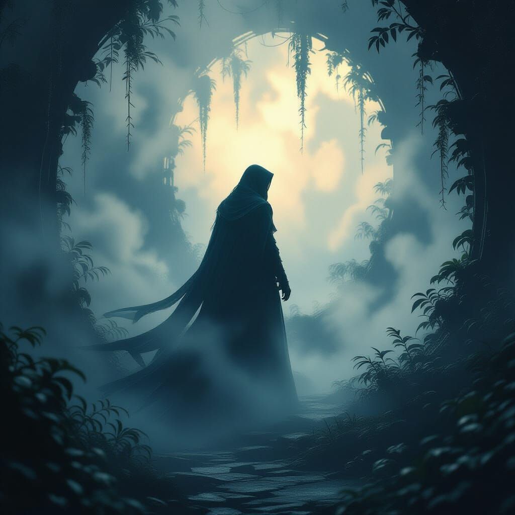 Ethereal Silhouette in Mystical Mist, Digital Matte Painting