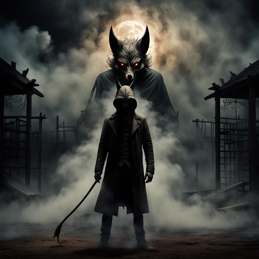 Jackal Mask Figure in Dark Playground, Horror Scene