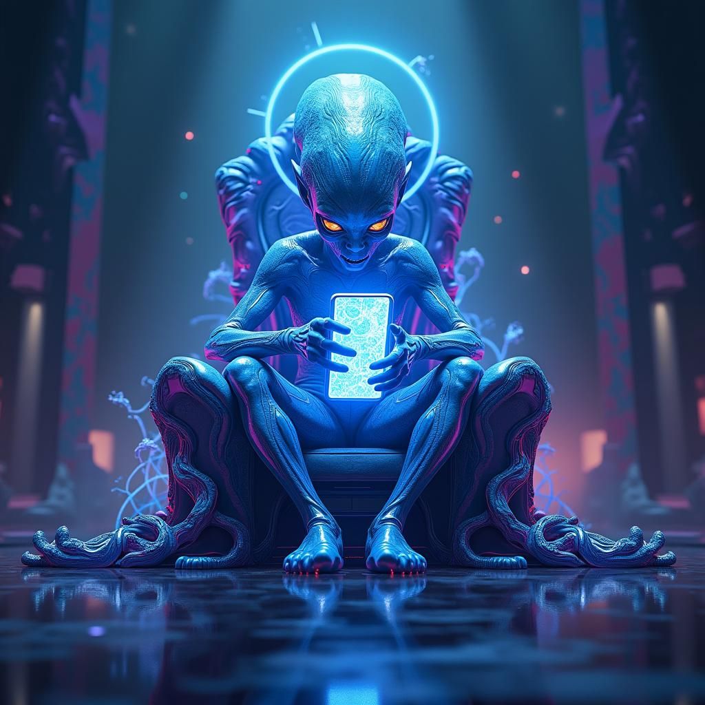 Alien on Futuristic Throne with Holographic Phone