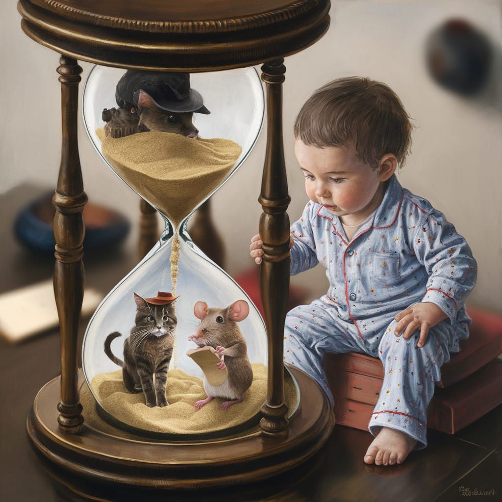 Child Gazing into Hourglass, Surreal Dürer-Style Painting