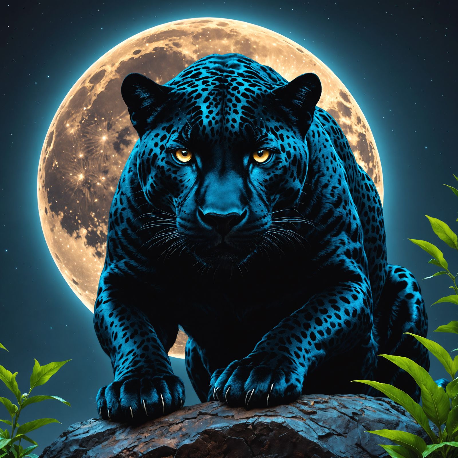 Black Jaguar Staring Under Full Moon