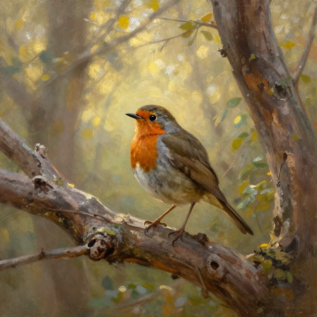 Detailed Robin on Ancient Branch in Ethereal Forest