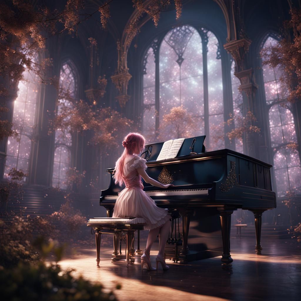 Magical Piano Girl in Detailed Fantasy Art