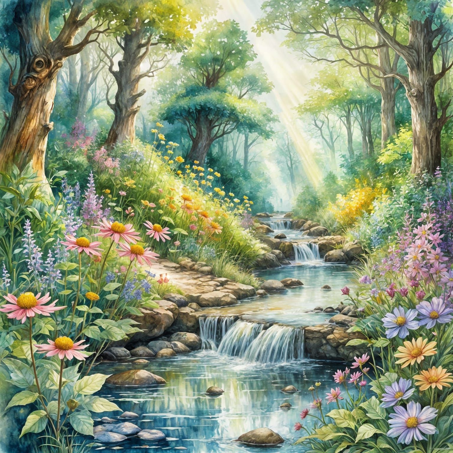 Enchanted Summer Forest: Digital Watercolor Illustration