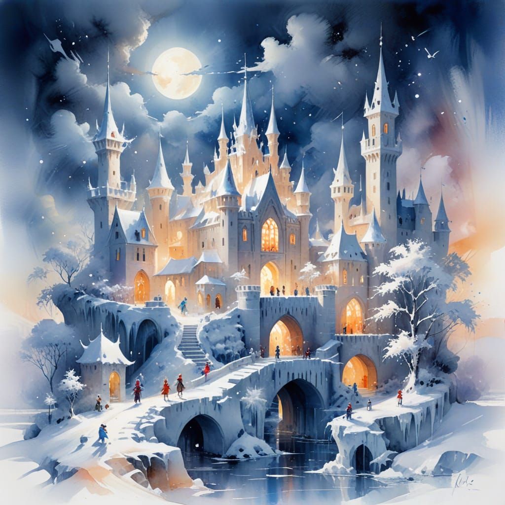Winter Wonderland with Ice Palace and Snow Fairies in Waterc...