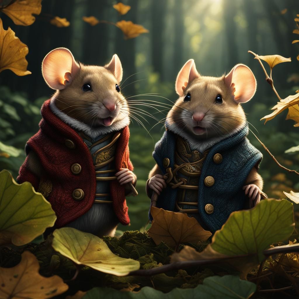 Field Mice in Ginko Leaves: Detailed Matte Painting