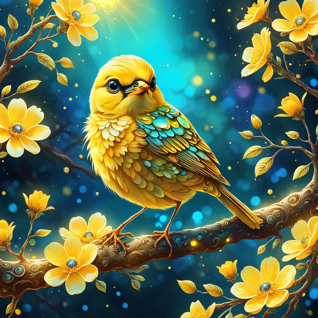 Adorable Yellow Bird with Golden Sparkles