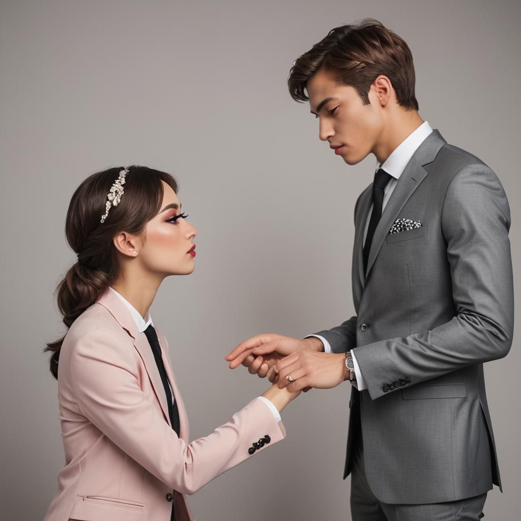 Young Woman Kisses Hand of Muscular Crossdresser