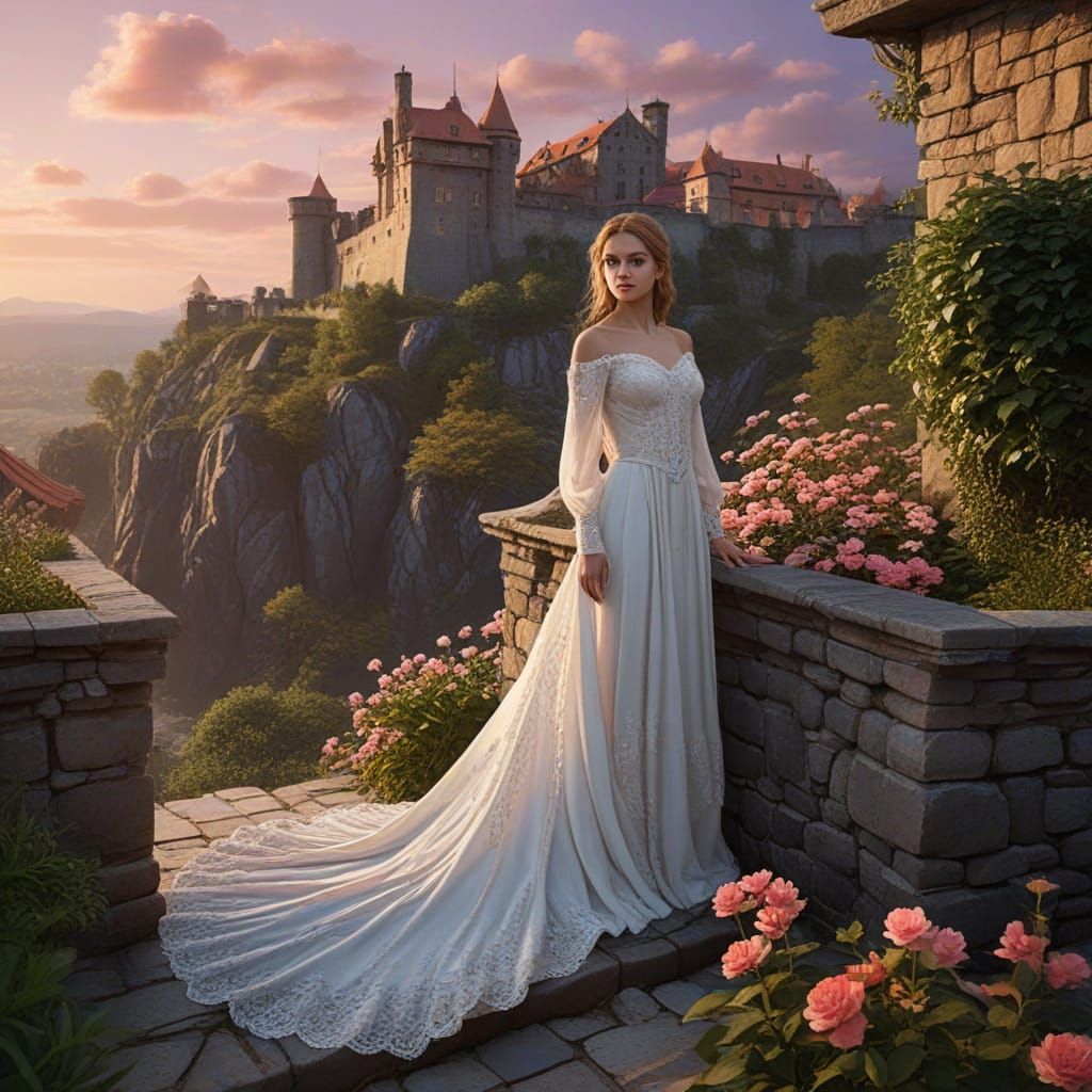 Medieval Castle at Dusk with Elegant Young Woman