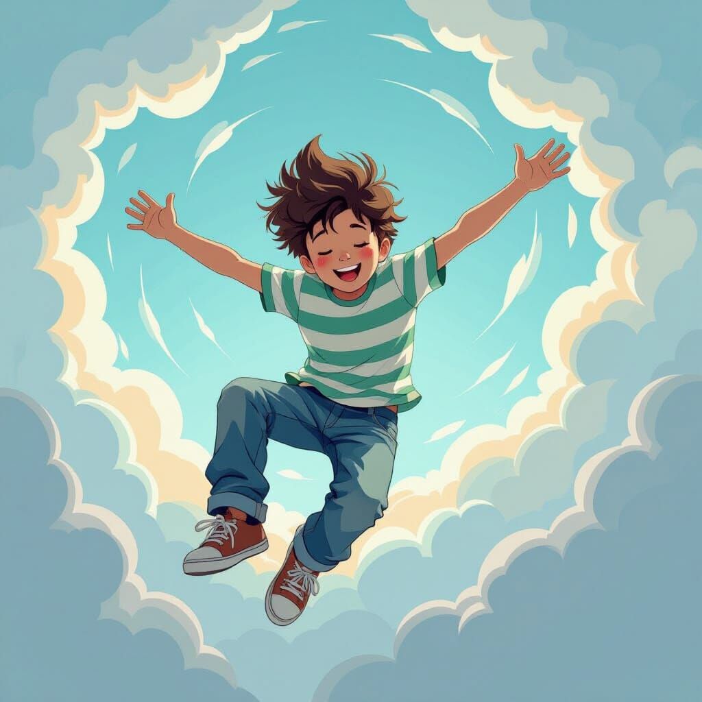 Boy Falling from Sky in Whimsical Style