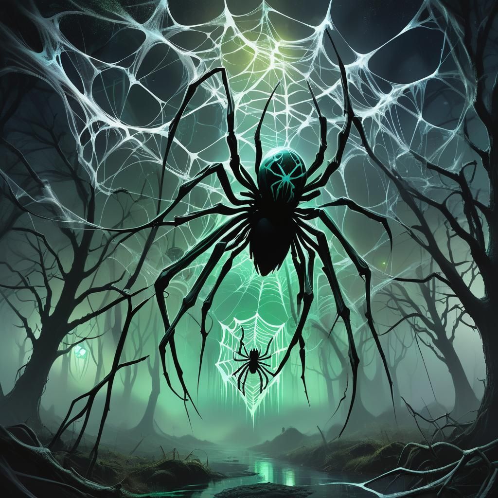 Ethereal Cybernetic Spider in Dark Surrealist Landscape