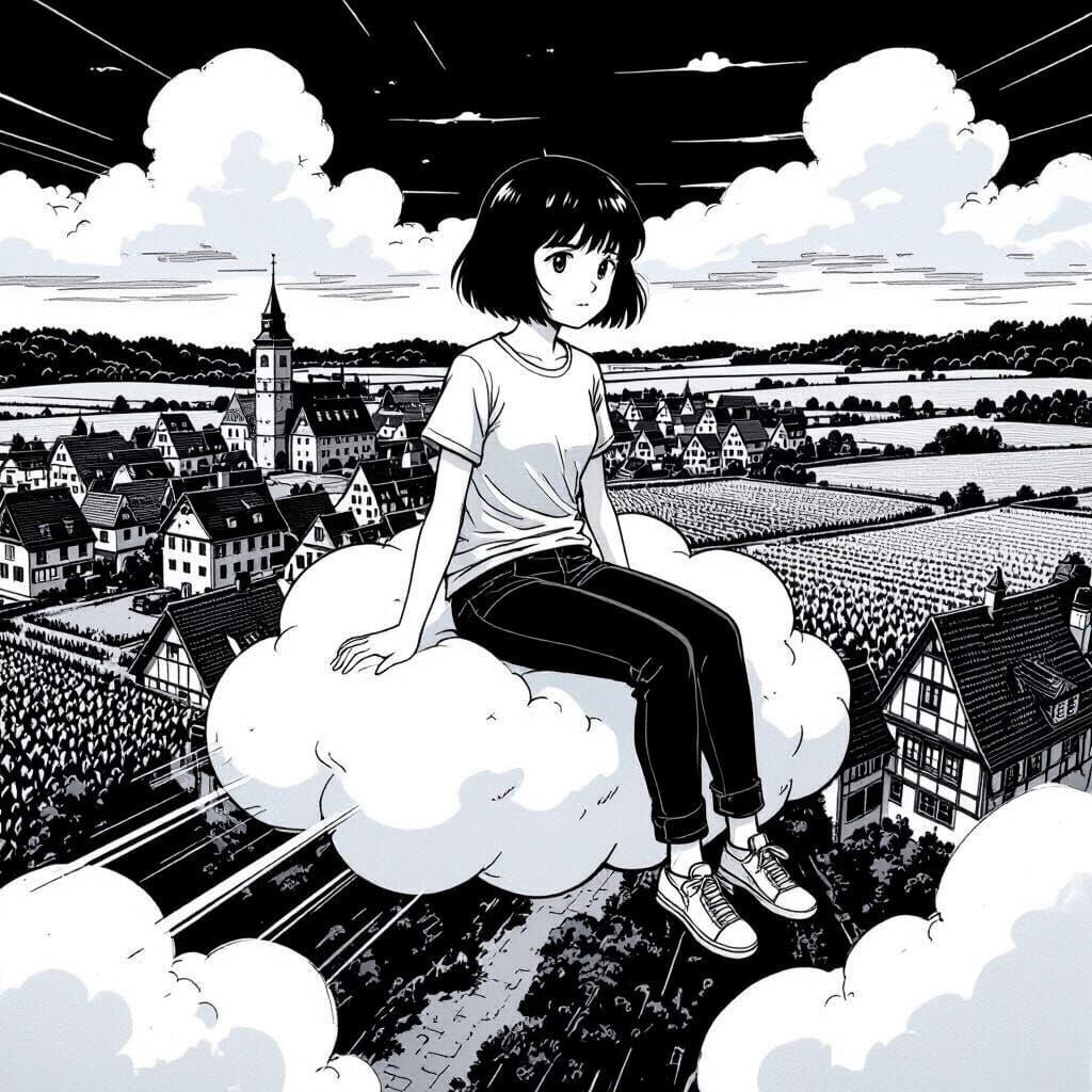 Teenage Girl on Flying Cloud Over German Town in Manga Style