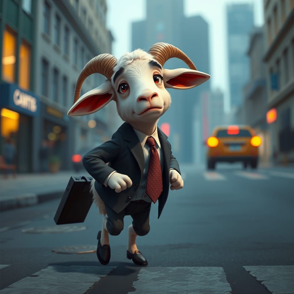 Anxious Lamb Businessman in Cityscape, Digital Art