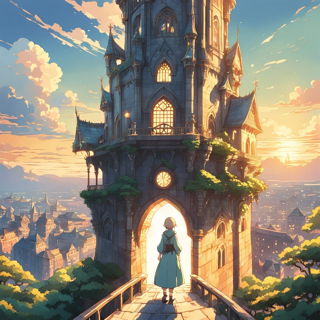 Elf Woman in Tower: Studio Ghibli Anime Style