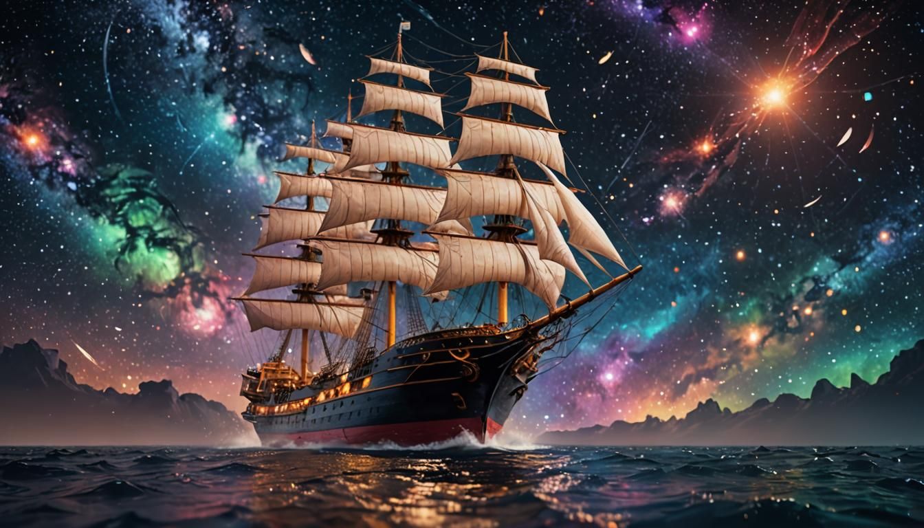 Cosmic Ship Sails Through Starry Night Sky