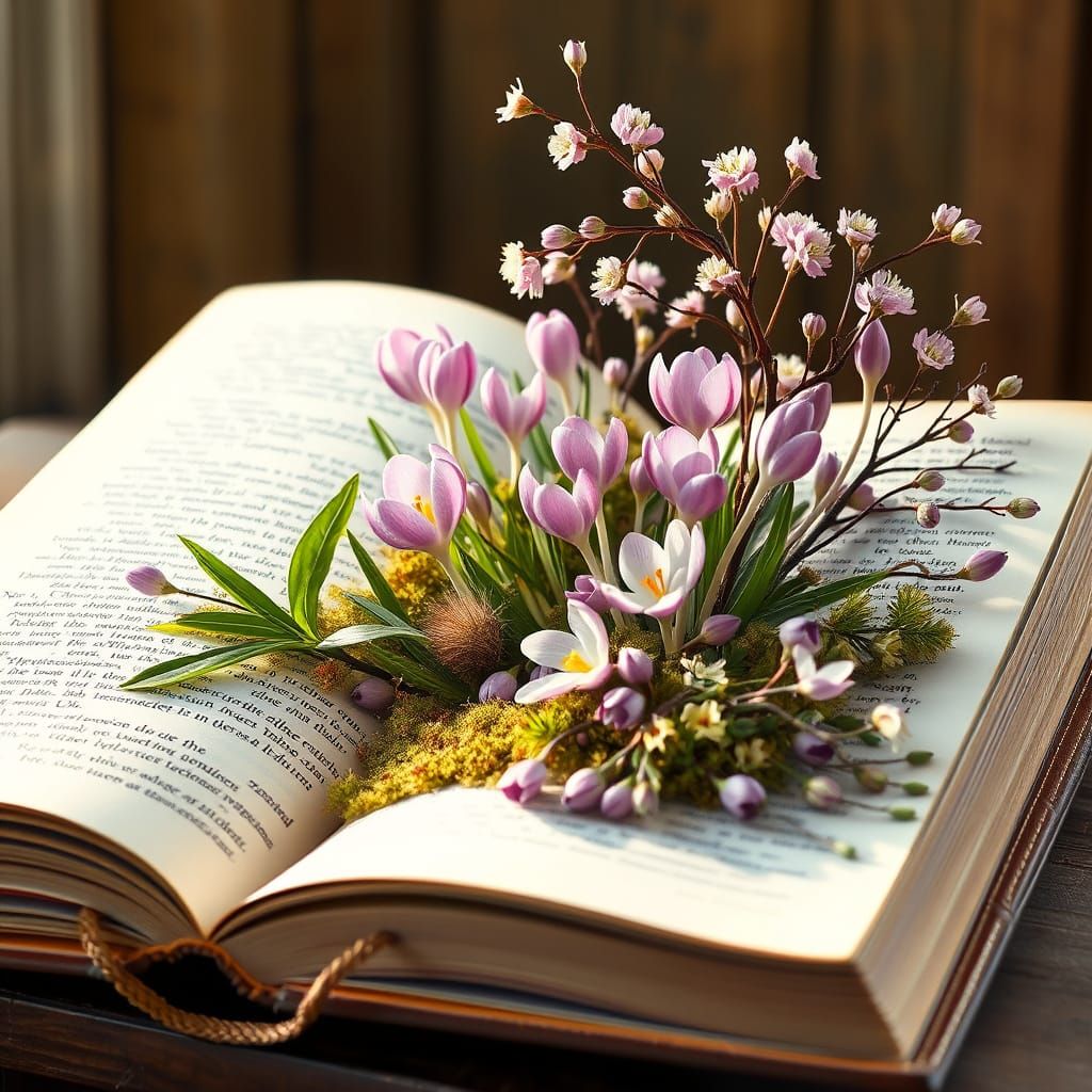 Whimsical Spring Blooms Erupt from Leather-Bound Book
