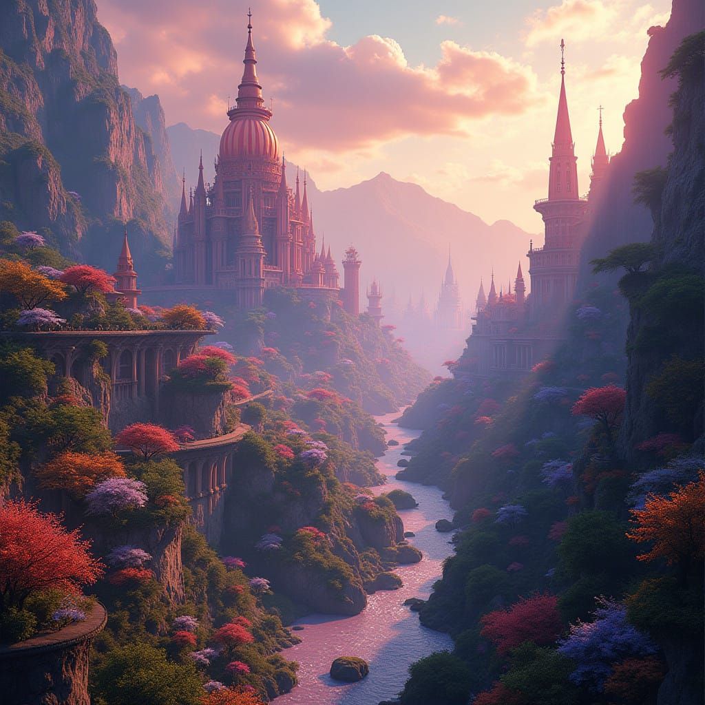 Ethereal Metropolis of Shambhala in Vibrant, Surreal Colors
