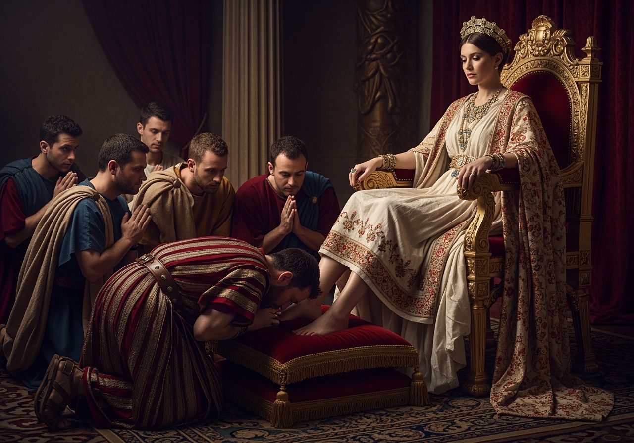 Barefoot Roman Empress on Gold Throne, Photorealistic Style