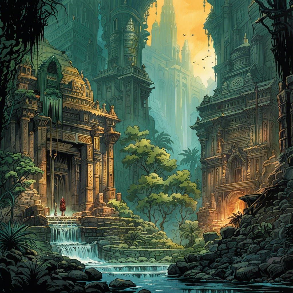 Ancient Jungle City in Watercolor Comic Style