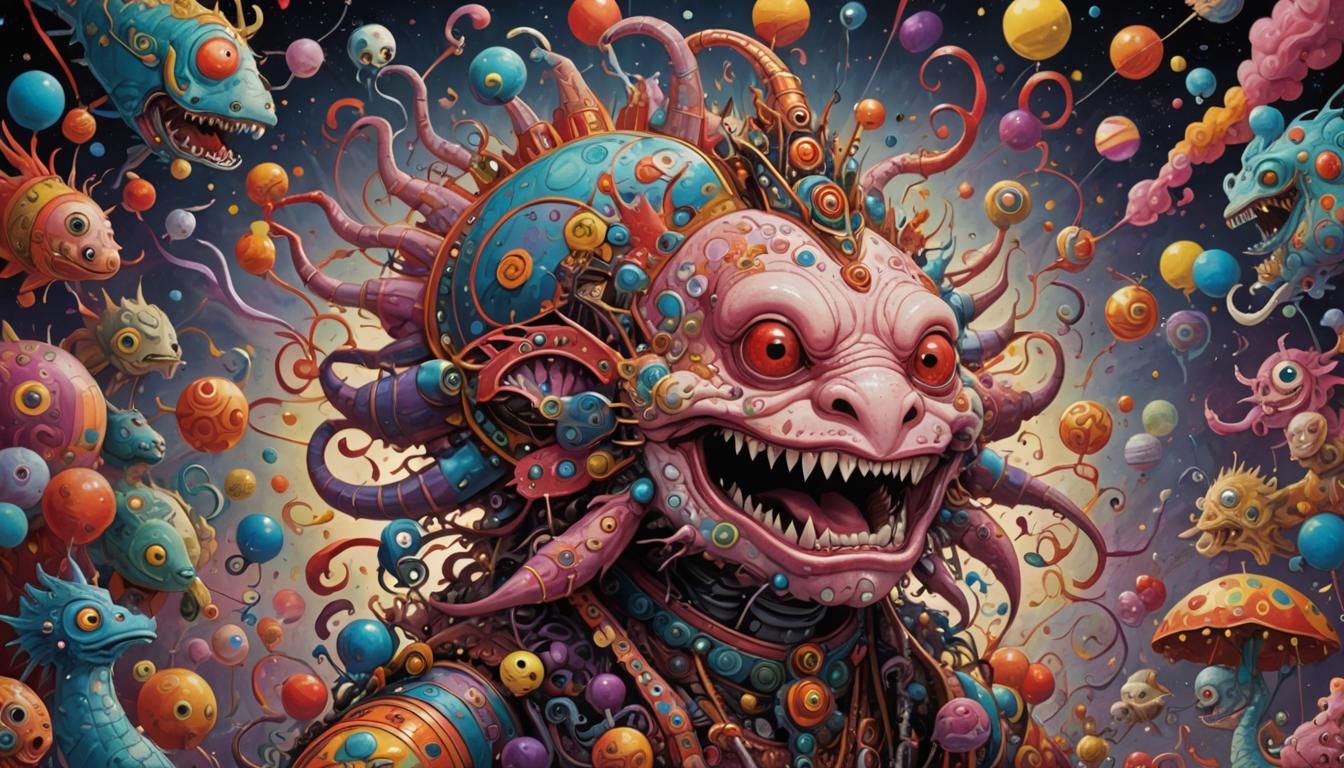 Cyborg Monkfish Circus Dream in Pop Art Style