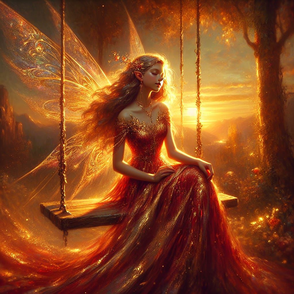 Fantasy Fairy Princess on Swing at Sunset