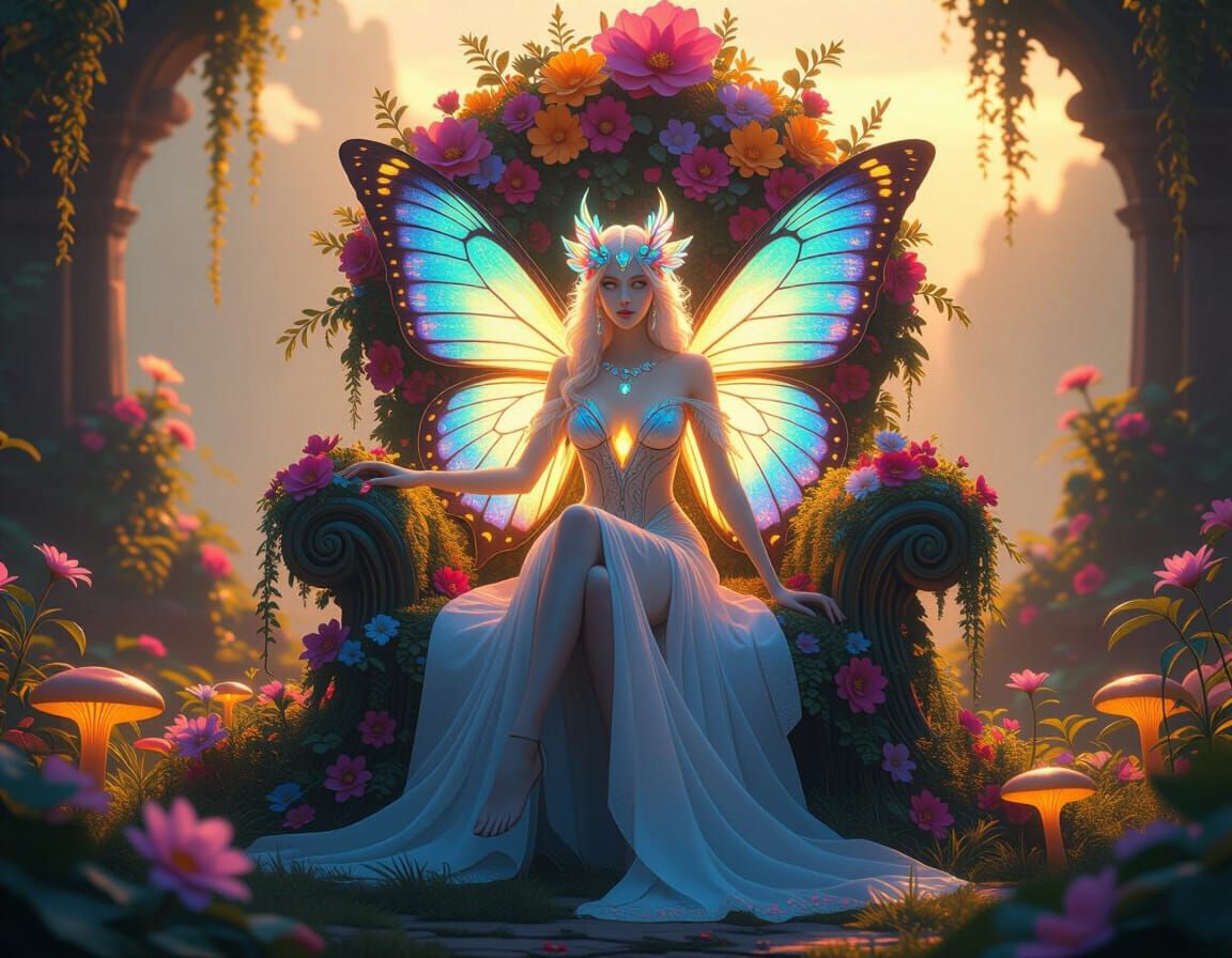 Celestial Butterfly Goddess on Floral Throne