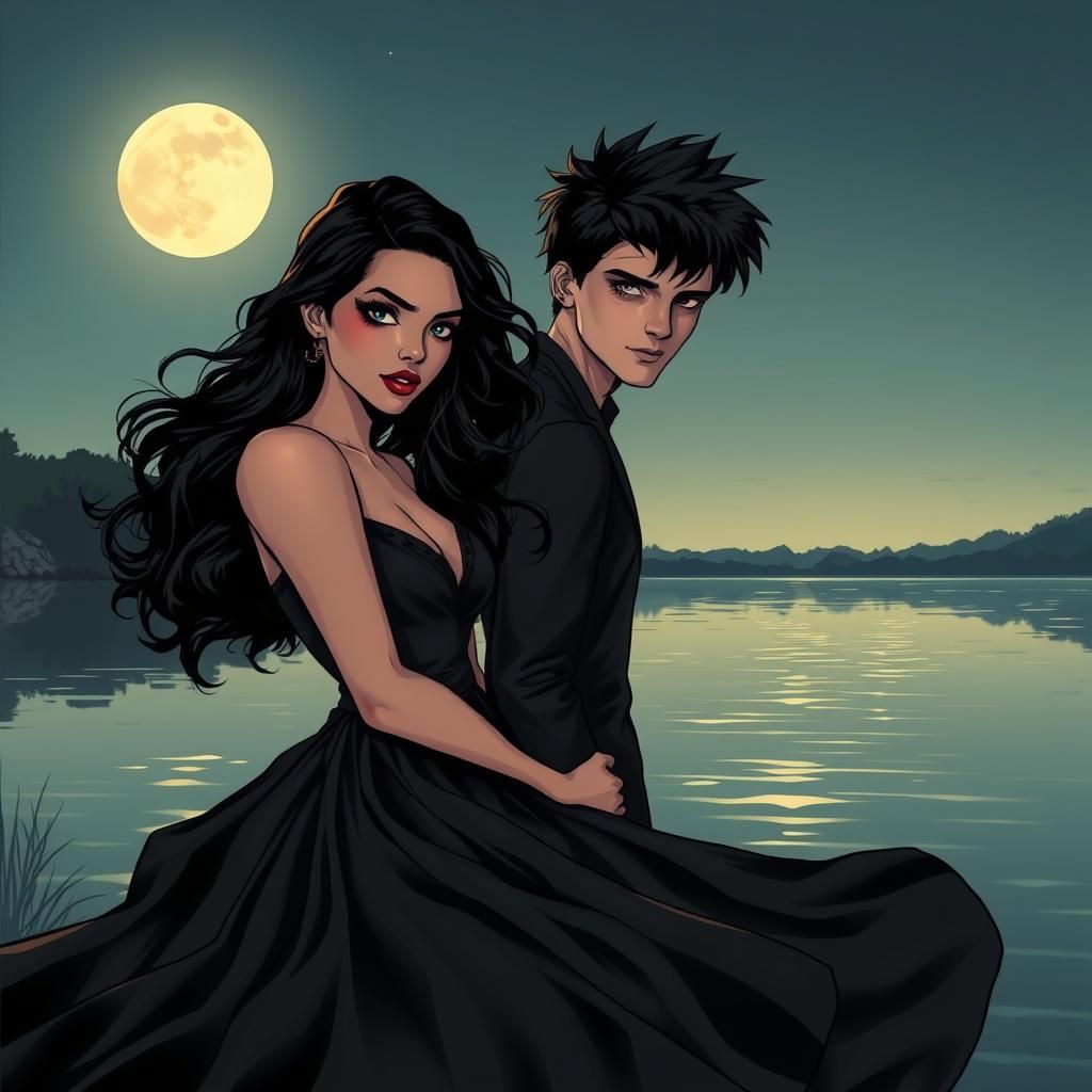 Moonlit Lakeside Couple in Comic Book Style
