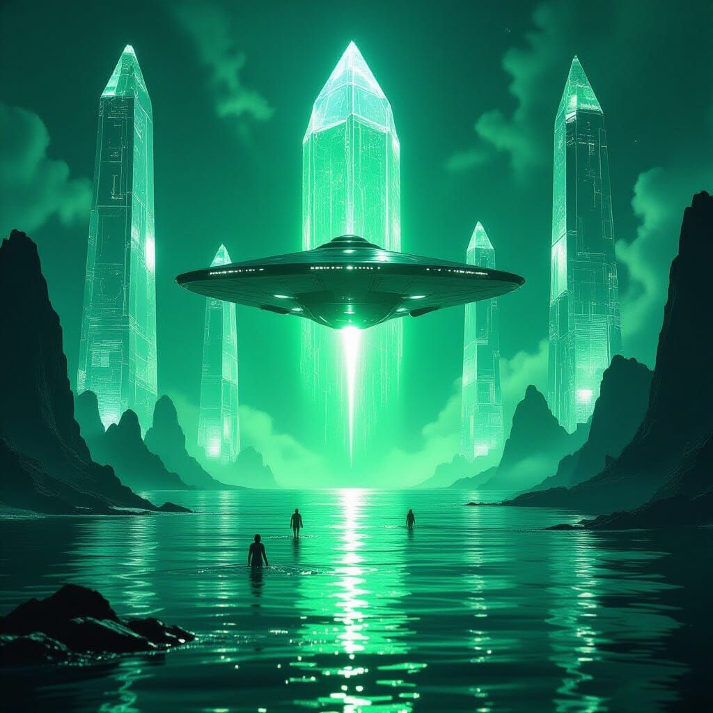 Starship over Dying Planet with Crystal Towers