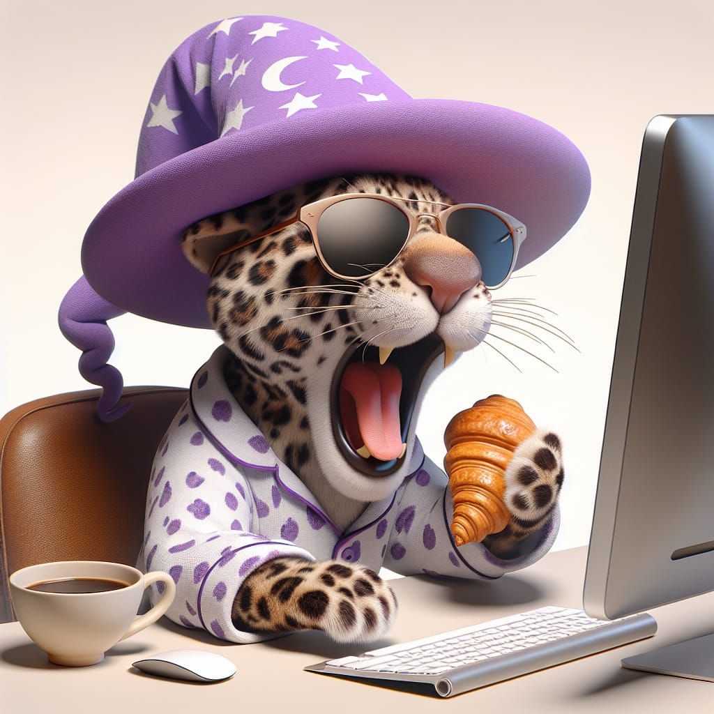 Cartoon Leopard in Pajamas Drinks Coffee: 3D Render