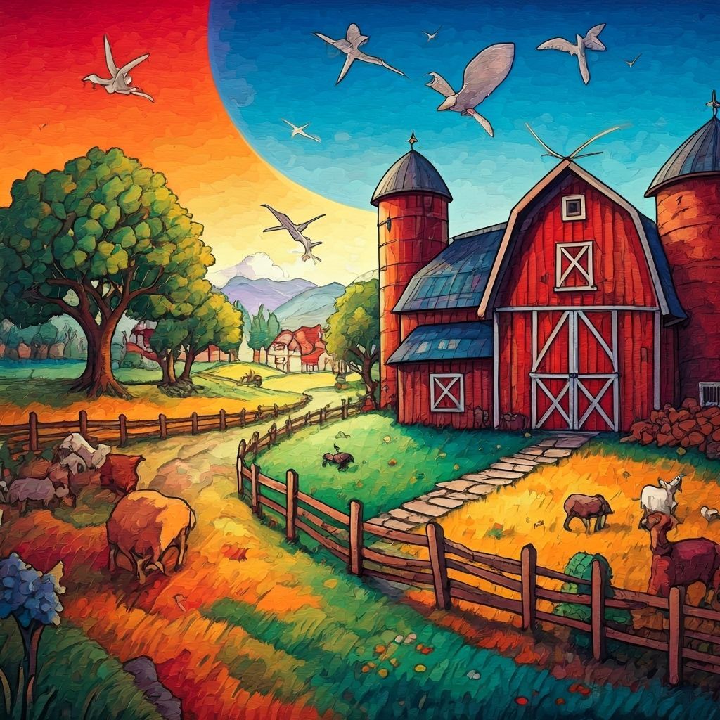 Colorful Abstract Farm Scene in Naive Art Style