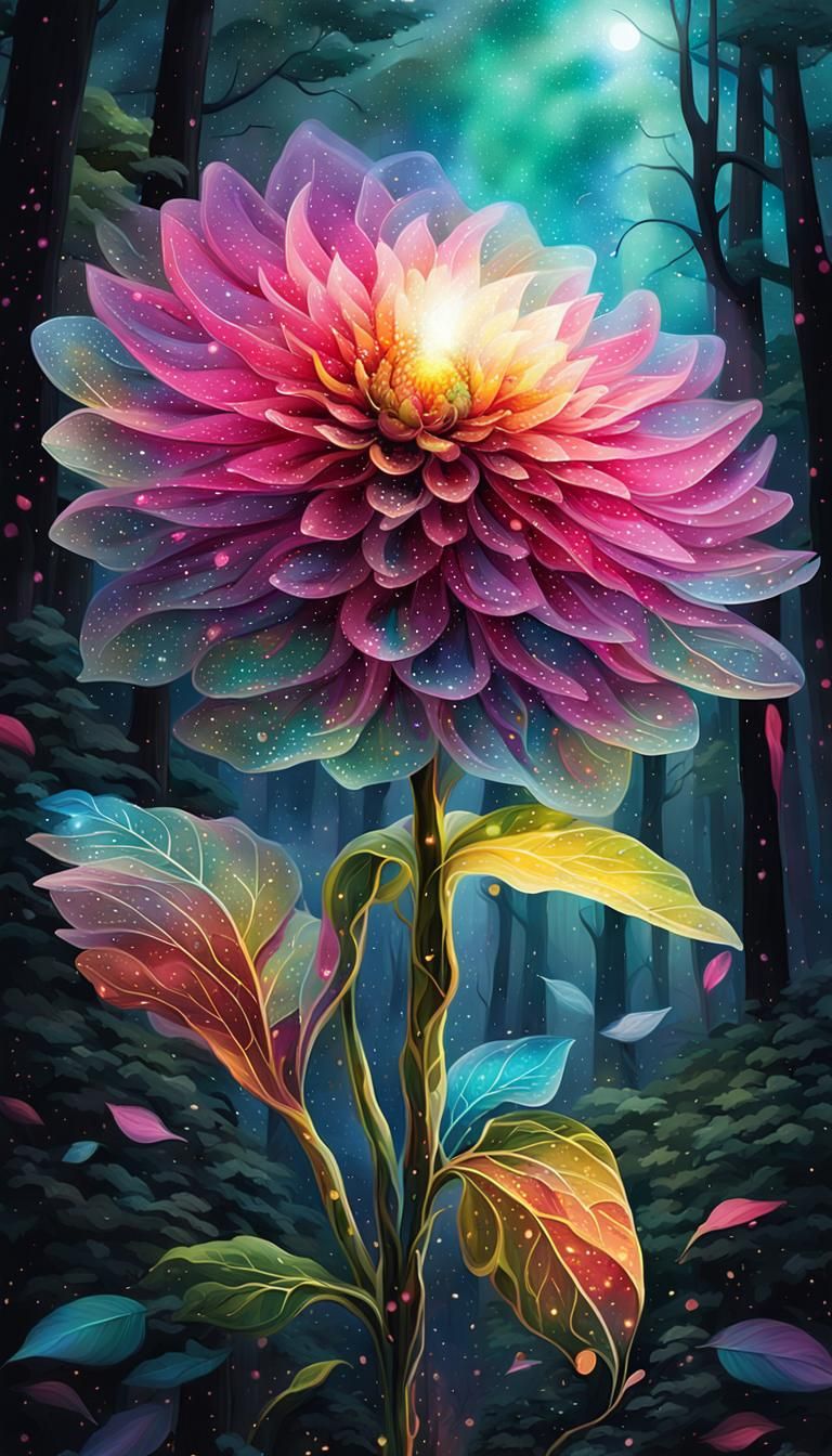 Mystical Forest with Glowing Flower in Graffiti Art