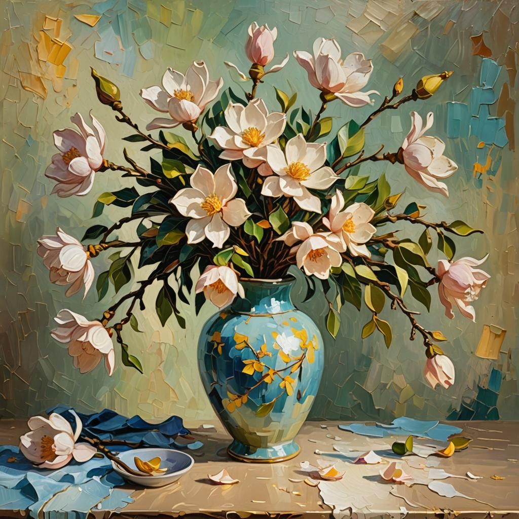 Magnolias in Vase as Impasto Oil Painting