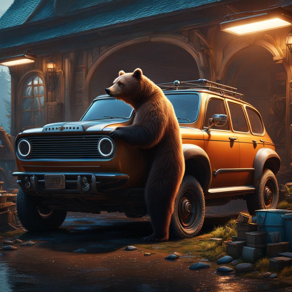 Bear Mechanic Fixing Car in Detailed Matte Painting